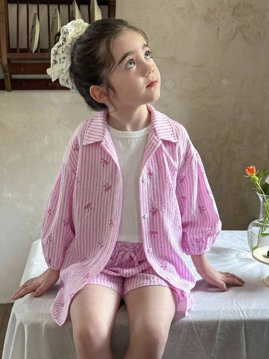 LMoss Kids 3 قطع مجموعة قميص كاجوال مخطط منسوج، توب وشورت للفتيات الصغيرات - أبيض - مشاهدة 1