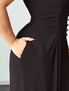 Elenzga Bộ jumpsuit nữ cỡ lớn thanh lịch, trang nhã cho mùa xuân/hè với dây cài nút, eo xếp ly, ống rộng và quần dài. - màu nâu - Xem 3