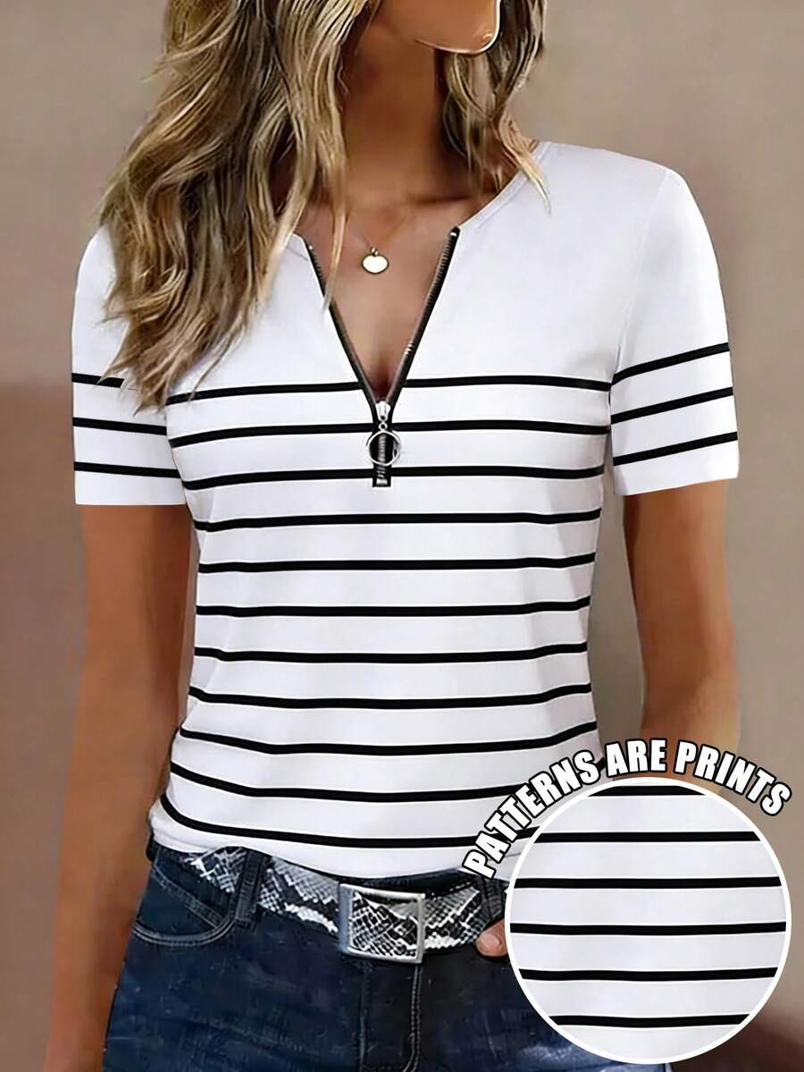 EMERY ROSE Camiseta de mujer de manga corta con cuello en V y estampado de rayas, con diseño de cremallera metálica, para verano - Multicolor - Ver 1