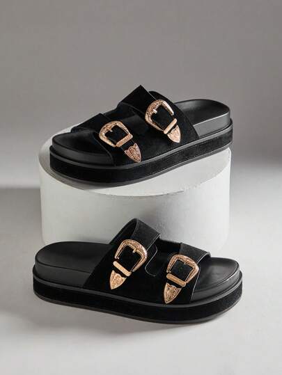 SHUZIA Sandalias de plataforma larga con doble hebilla occidental de ante negro para mujer - Minimalistas, casuales y cómodas