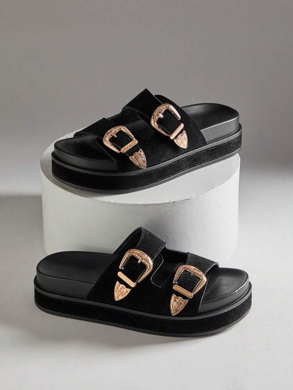 SHUZIA Women's Double Western Buckle Long Platform Fine Suede Black Slide Sandals – Minimal, Casual & Comfortable