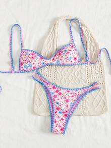 Swim Mod Nuevo conjunto de bikini de dos piezas con volantes de color contrastante, estilo floral dulce europeo y americano, de cuello halter y espalda descubierta, con tanga de corte alto, traje de baño sexy para playa, vacaciones y fiestas - Multicolor - Ver 3