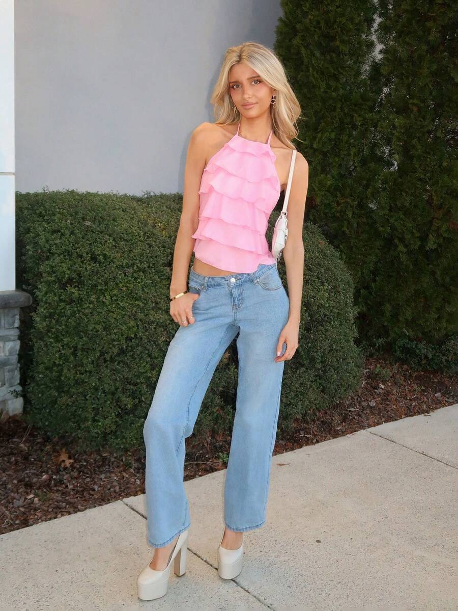 Sydney Algeri Áo hở vai xếp lớp màu trơn không tay cho nữ, dành cho mùa hè - Màu Hồng  Dưa hấu - Xem 1