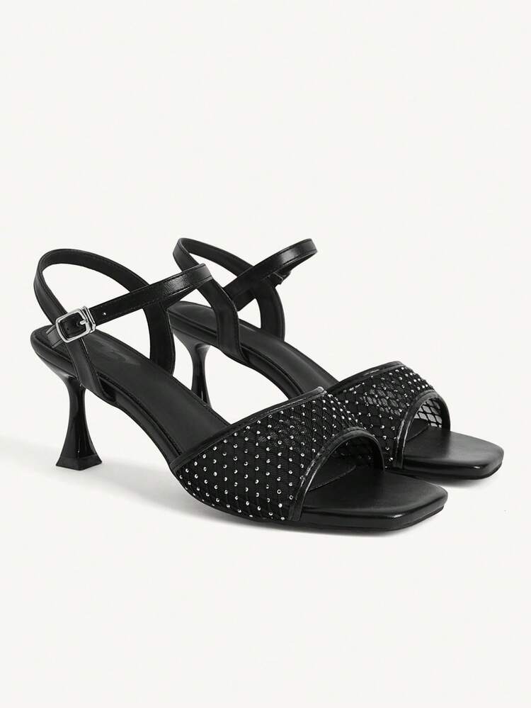 CUCCOO CHICEST Women's Black Mesh Peep Toe Ankle Strap Chunky High Heel Sandals, Fashionable, Elegant, Comfortable And Sexy