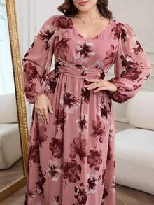 Modelyn Romantic Chiffon Floral Print Long Sleeve A-Line Maxi Dress, Plus Size, Spring/Summer Fall - Multicolor - View 6