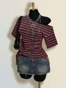 SHEIN ICON Y2k 女款哥特风 Coachella 音乐节俱乐部嬉皮辣妹中国风红黑条纹不对称肩短袖侧扭结时尚上衣，夏季 - 彩色 - 查看 5