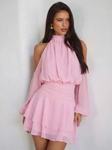 Aloruh Purple-Red Long Sleeve Off-Shoulder Dress, Casual Commuter Elegant Dress With Small Stand Collar, Spring - Baby Pink - View 5