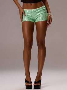 MUSERA Quần short siêu ngắn đính sequin cạp thấp, gợi cảm kiểu Ibiza, thích hợp cho kỳ nghỉ hè, lễ hội, đi biển, sinh nhật, tiệc tùng, câu lạc bộ, mùa thu, mùa xuân, lễ hội hóa trang. - Màu xanh nhạt - Xem 5