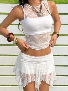 SHEIN EZwear 女士白色蕾丝露脐紧身上衣和迷你裙两件套 - 白色 - 查看 4