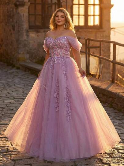 Aureia Plus Size Elegant Luxurious Purple Sequin Embroidered Mesh Off-Shoulder Puff Sleeve Applique Design Ball Gown Suitable For Evening Party, Singles Party, Date, Prom, Wedding, Vacation Formal Dress (Heavy Embroidery)
