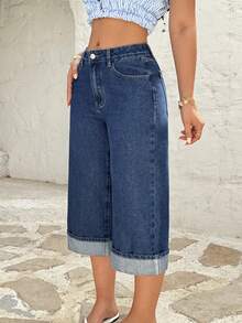 Rivivi 时尚卷边水洗休闲直筒牛仔裤 - 深色水洗藍 - 查看 1