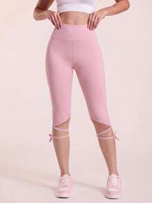 Sweetra Women's Solid Color High Waist Criss-Cross Design Casual 7/8 Leggings Sports - Pink - View 4