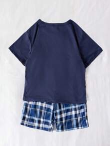 三件套：青少年男童简约时尚黑色、灰色、蓝色字母印花短袖T恤和短裤睡衣 - 藏蓝色 - 查看 2