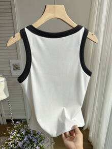 Resyla Camiseta holgada casual de mujer con cuello redondo, bloque de color y adornos de diamante de imitación - Blanco - Ver 2