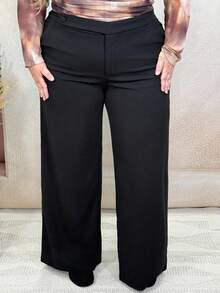 Hourglow Dollyholly86 Plus Size Women's Black Waist Asymmetric Button Straight Suit Pants Suitable For Going Out, Dating,Baggy Pants,Wide Leg Pants,Curve,Pants Suit,Elegance, For Hourglass Body Shape - Black - View 5