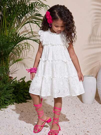 Young Girls Textured Embroidered Floral White Loose Dress, Cute Ruffle Hem, Casual, Fashionable, Versatile, Suitable For Party, Outing, Sister Photo Shoot, Park, Camping, Vacation, Daily Leisure