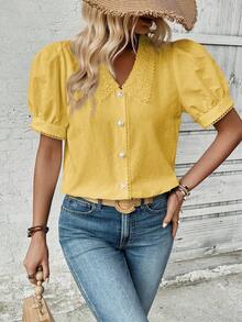 Breezaya Summer Casual Solid Color Lace Collar Puff Sleeve Blouse - Light Yellow - View 3