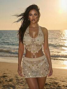 Swim SXY Women's 2-Piece Bikini Set, Crochet Knit Crop Top And Mini Skirt Set,Hollow-Out Streetwear For Music Festival,Tan,Summer,Boho,Beach,Holiday - Khaki - View 3