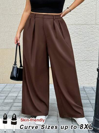 SHEIN CURVE+ Plus size damesbroek met plooien en wijde pijpen, effen kleur
