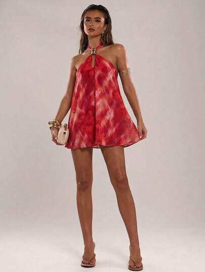 SHEIN BAE Women's Casual Vacation Animal Print & Floral Halter Metal Decor Backless Mini Dress, Suitable For Spring/Summer Vacation, Beach, Hangout With Friends, Beach Party, Casual Outing, Music Festival, Y2K, Chiffon Floral Print Dress, Red Floral Dress,Red Dress