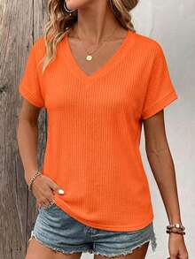 SHEIN LUNE Áo thun nữ tay ngắn cổ chữ V màu trơn, kiểu dáng thường ngày, đa năng. - trái cam - Xem 5