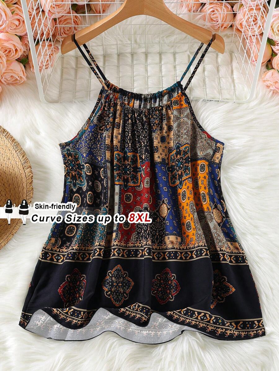 SHEIN CURVE+ 加大码 US22 音乐节、海滨度假、波西米亚风女士夏季复古印花吊带背心，艺术文艺复兴集市吊带背心，音乐节 - 彩色 - 查看 1