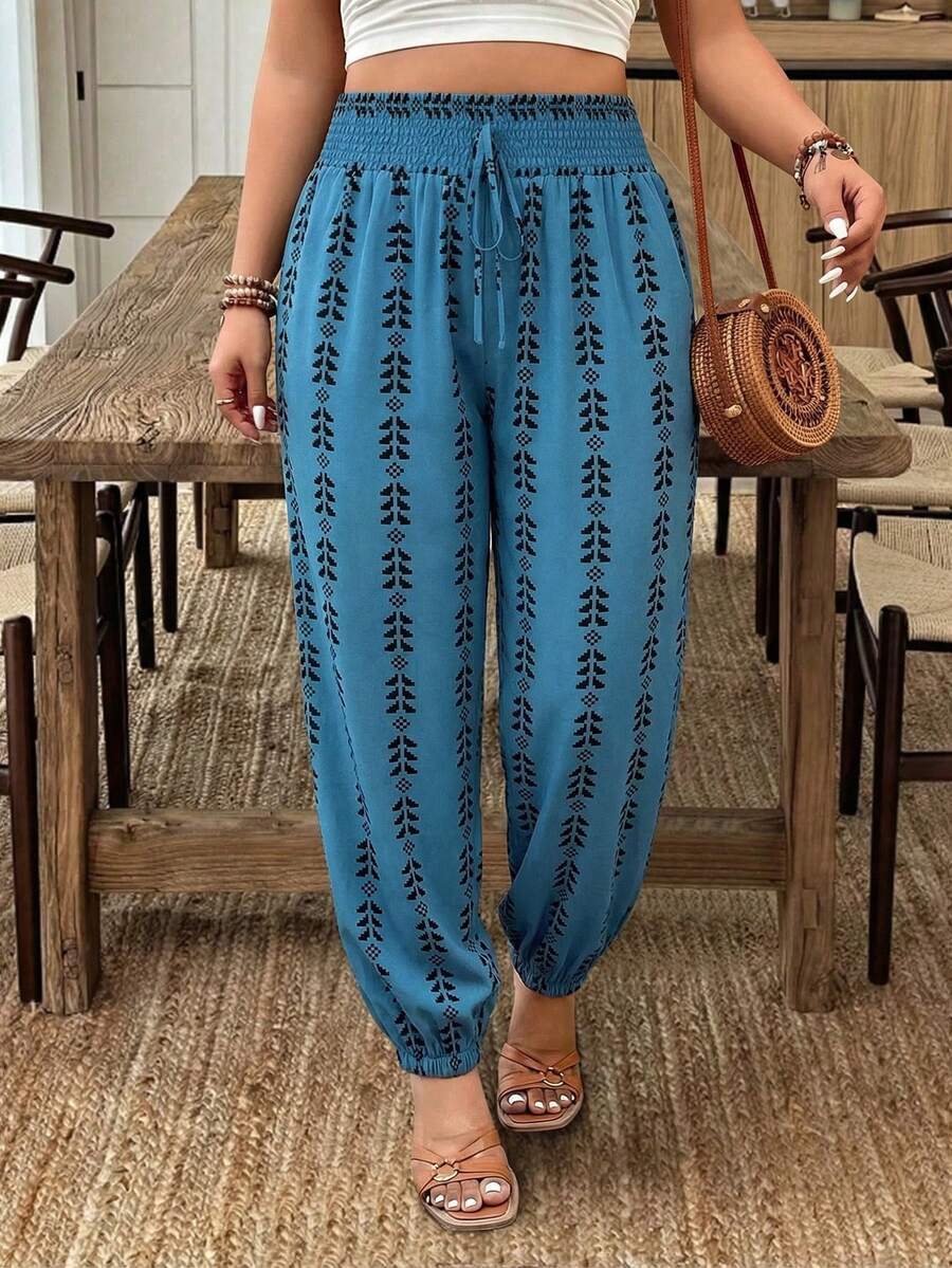 Weeklong Pantalones harem de cintura elástica con estampado, pantalones casuales de vacaciones para tallas grandes - Multicolor - Ver 1