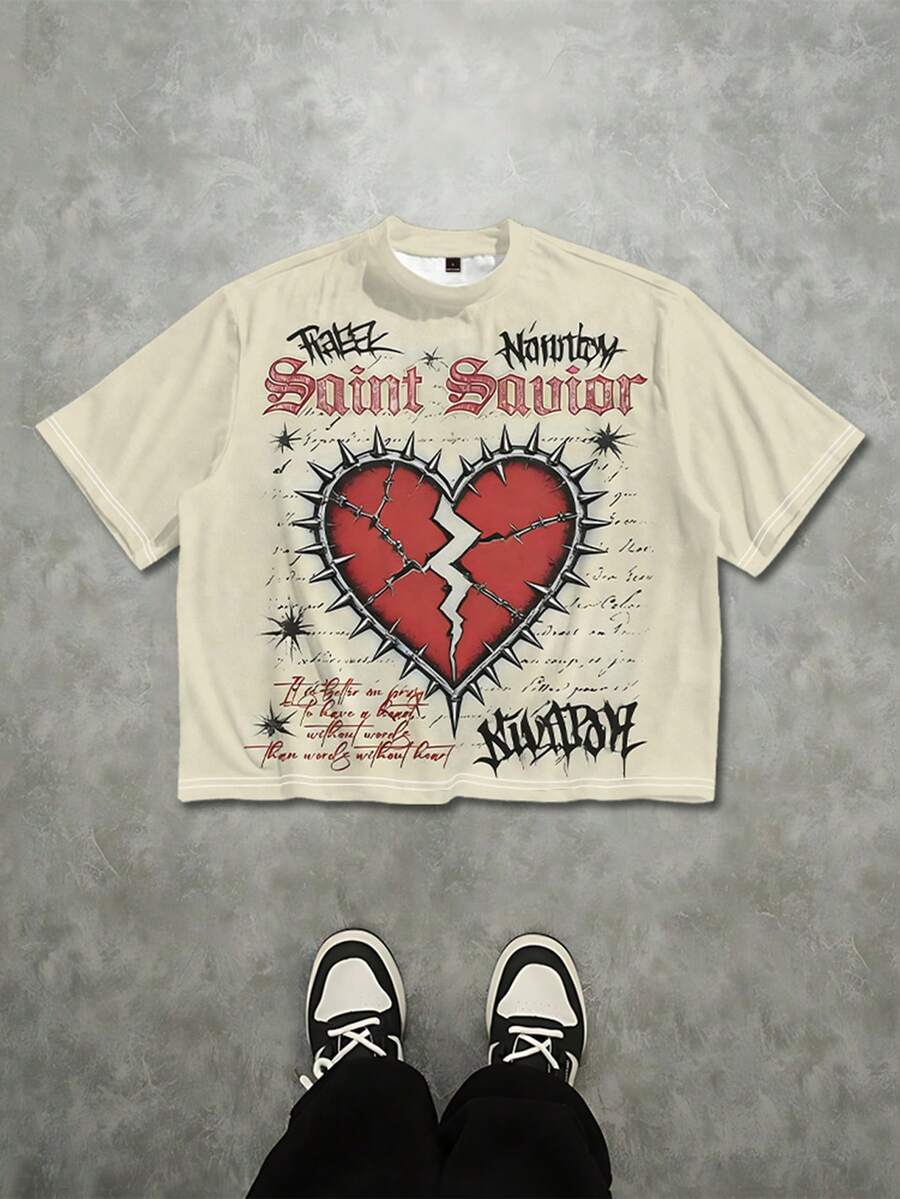 Manfinity EMRG Áo thun nam tay ngắn cổ tròn dáng rộng in hình trái tim rách - Màu be - Xem 1