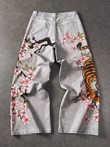 ROMWE MEN Men's Floral & Tiger Print Denim Jeans - Grey - View 8