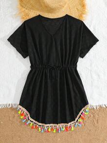 SHEIN 少女罩衫，可爱黑色钩编面料，粉色钩编中幅，抽绳下摆，彩色流苏，V领短袖连体罩衫，时尚休闲优雅，适合游泳、夏季度假、海滩、泳池、假日派对。黑色沙滩罩衫，黑色沙滩裙，女士沙滩裙，夏季休闲连衣裙。 - 黑色 - 查看 3