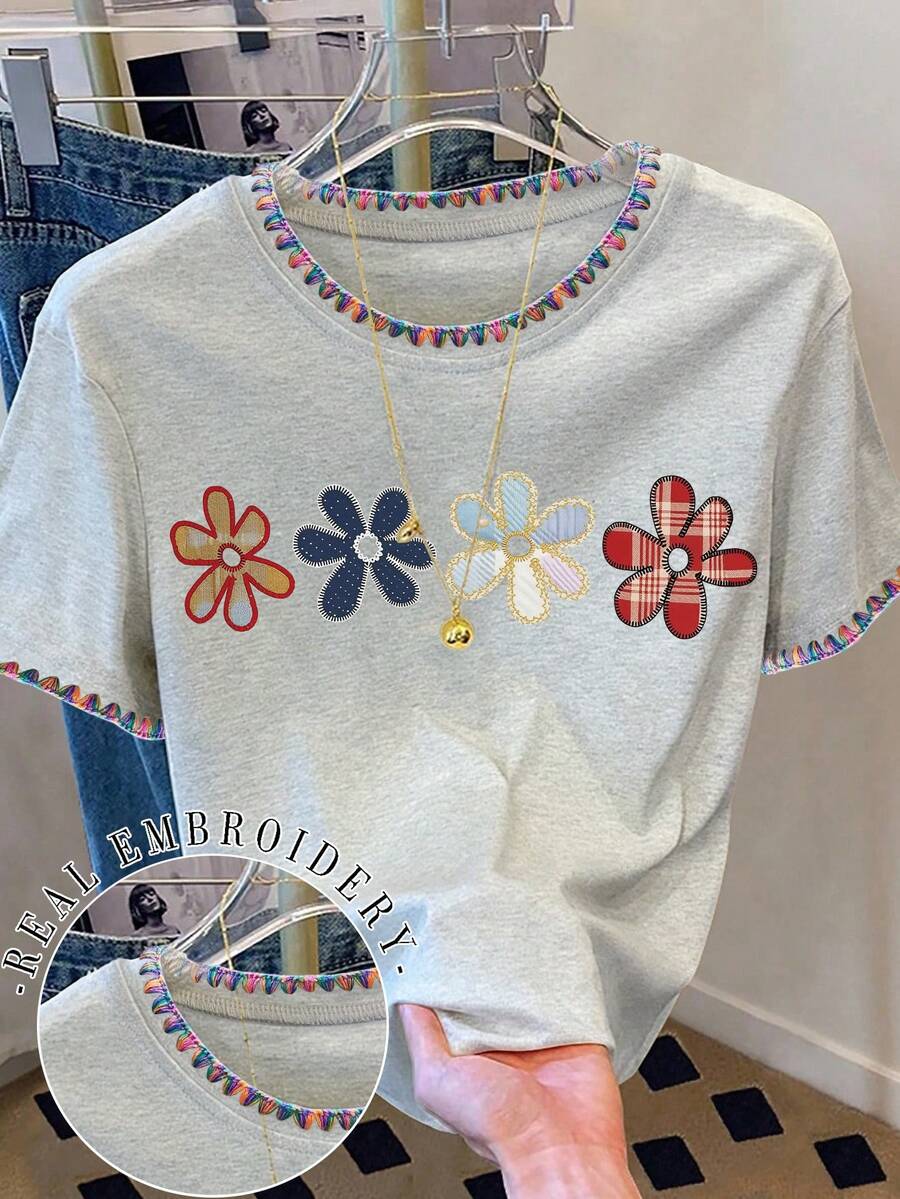 Resyla Women's Floral Embroidered T-Shirt,Light Grey,Summer,Cute,Vacation,Casual Dropped Shoulder Round Neck Shell Embroidered Outdoor Comfortable Tee - Light Grey - View 1