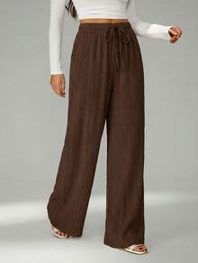 SHEIN Tall Loose Drawstring Waist Trousers In Textured Crinkle Fabric - Chocolate Brown - View 6