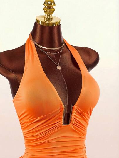 Amplova Women's Solid Color Pleated Fitted Halter Mini Dress