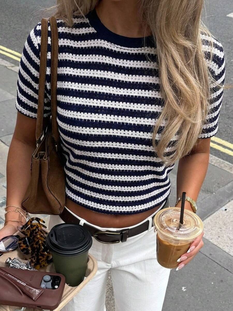 Livesso Spring Summer Blue Loose Business Casual Fashion Office Wear Design Textured Fine Stripe Color Block Patchwork Short Sleeve Women's T-Shirt - Blue and White - View 1