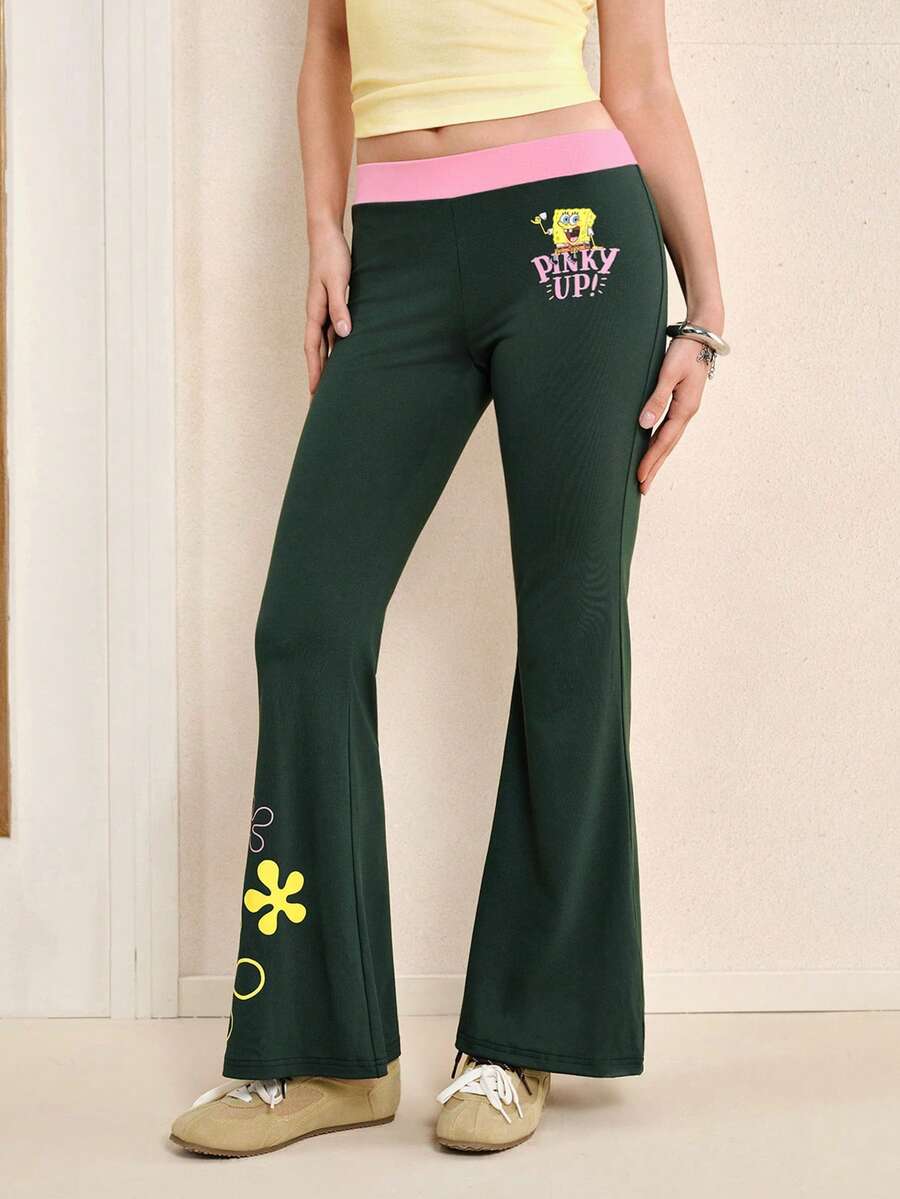 SpongeBob SquarePants | SHEIN Quần legging nữ in họa tiết tối giản, kiểu dáng thường ngày. - Màu xanh lá cây đậm - Xem 1