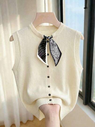 Franclia Áo polo không tay cổ tròn dáng ngắn tối giản mùa xuân/hè mới, cài nút mờ, dệt kim chặt chẽ, viền tương phản, phối họa tiết chấm bi và paisley, phù hợp cho công sở, phong cách Hàn Quốc dễ phối đồ, dáng ôm, thoải mái, đa năng, màu tối, tôn dáng, áo dệt kim cao cấp trung tính dành cho nữ.