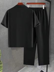 Manfinity Homme 大尺碼男士純色領襯衫 + 抽繩鬆緊腰長褲套裝，男士休閒西裝，正式 - 黑色 - 查看 2