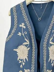 Franclia Women's Retro Floral Pattern Casual Versatile Vest - Navy Blue - View 4