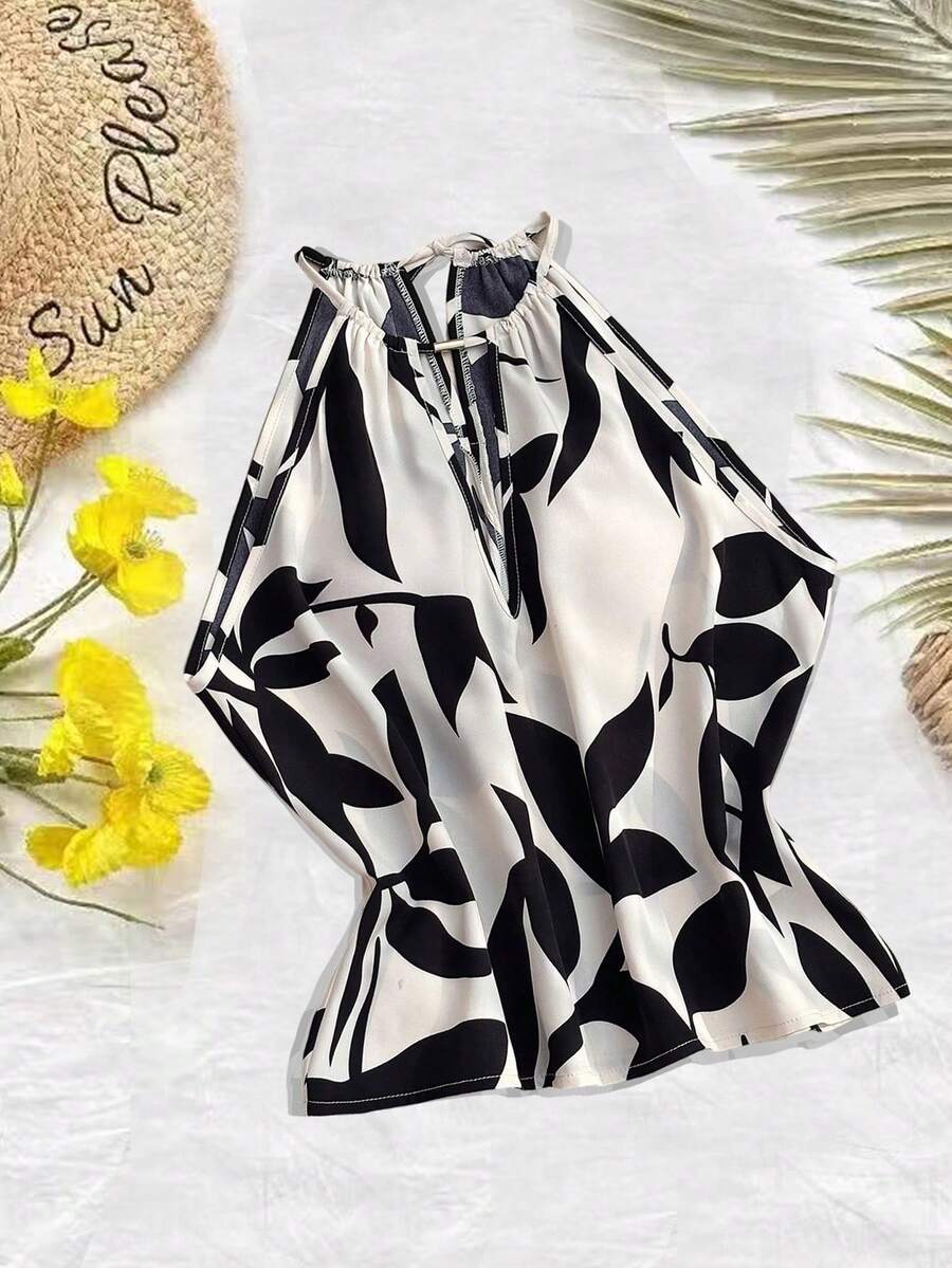 SHEIN Franclia 休闲度假数码印花设计金属扣露背深V领吊带衫 - 杏色 - 查看 1