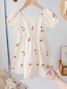 Young Girls' Formal Dresses Cherry Print, Textured Fabric, Loose Fit, Puff Sleeve Style, Sweet And Minimalist Design, Summer Collection. - Apricot - View 6