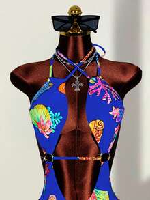 Zestiva Traje de baño de una pieza con estampado, escote halter y diseño hueco en forma de cruz, para mujer, primavera/verano - azul real - Ver 4