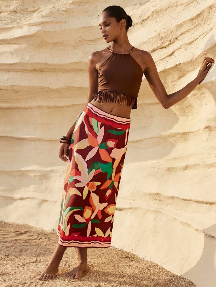 SHEIN Maija Falda de línea A con estampado floral casual para mujer