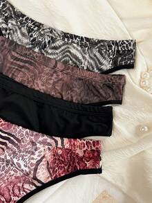 Bare Chapter 4pcs Women's Black Leopard Print Hollow Cross Back Thong Panties - Multicolor - View 4