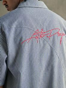 AXEPEAK Áo sơ mi nam tay ngắn cài cúc đơn, thêu chữ, kẻ sọc - Nhiều màu - Xem 6