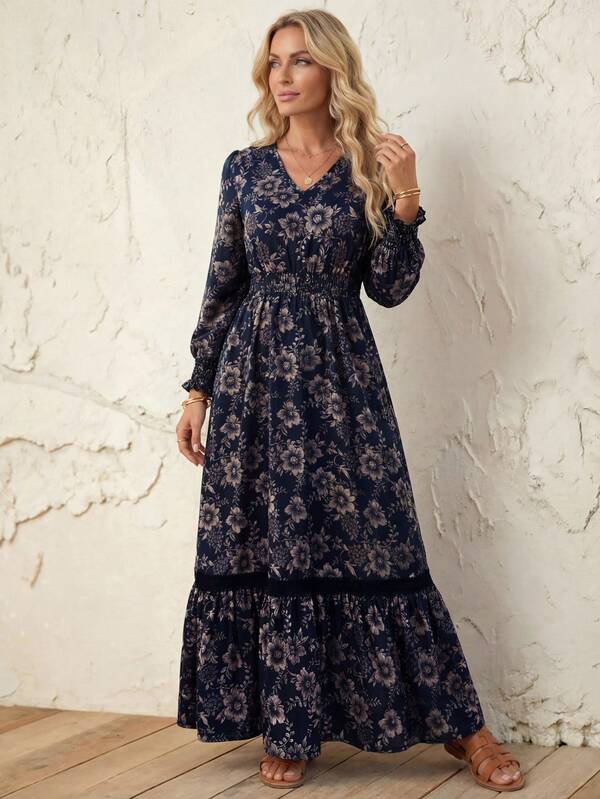 Faunlyn 女士印花V领灯笼袖优雅连衣裙，度假款