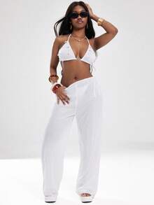 Coolane Women's Summer Vacation Outfits Beach Outfits Chic Party Hippie Knit Sequin Straight Beige Pants - Multicolor - View 5