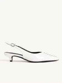 CUCCOO CHICEST White Rivet Kitten Heel Pointed Shallow Mouth Back Empty Banquet Dress Single Shoes - White - View 3