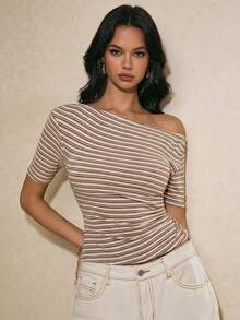 Poéselle 女士休闲通勤斜肩修身短袖T恤，夏季 - 彩色 - 查看 2