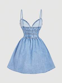 SHEIN MOD 女士荷叶边牛仔吊带连衣裙 - 淺色水洗藍 - 查看 3