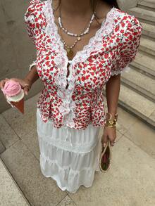 Pariaura Áo kiểu nữ mùa hè thanh lịch kiểu Pháp, cổ chữ V, tay phồng, thắt eo, họa tiết hoa đỏ, dáng casual, đa năng. - Đỏ - Xem 5